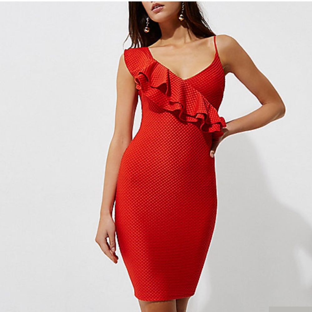 River island textured drill ruffle red dress